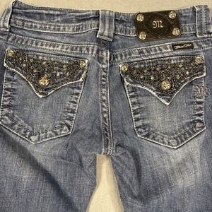 Miss Me Distressed Boot Cut Jeans -WOMENS 28 CHAINS EMBELISHED THICK STITCH